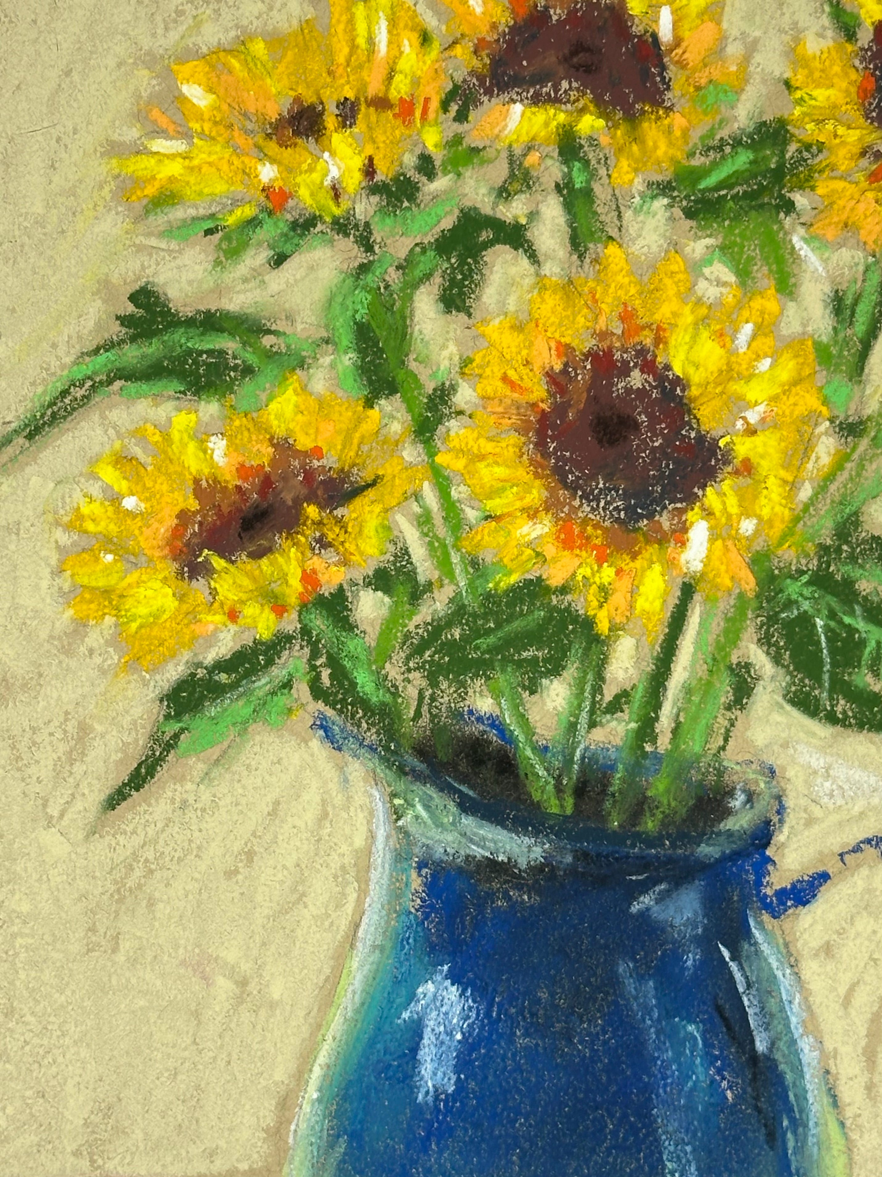 Sunflowers in Blue Pitcher - Original Soft Pastel Artwork 11x14" Matted