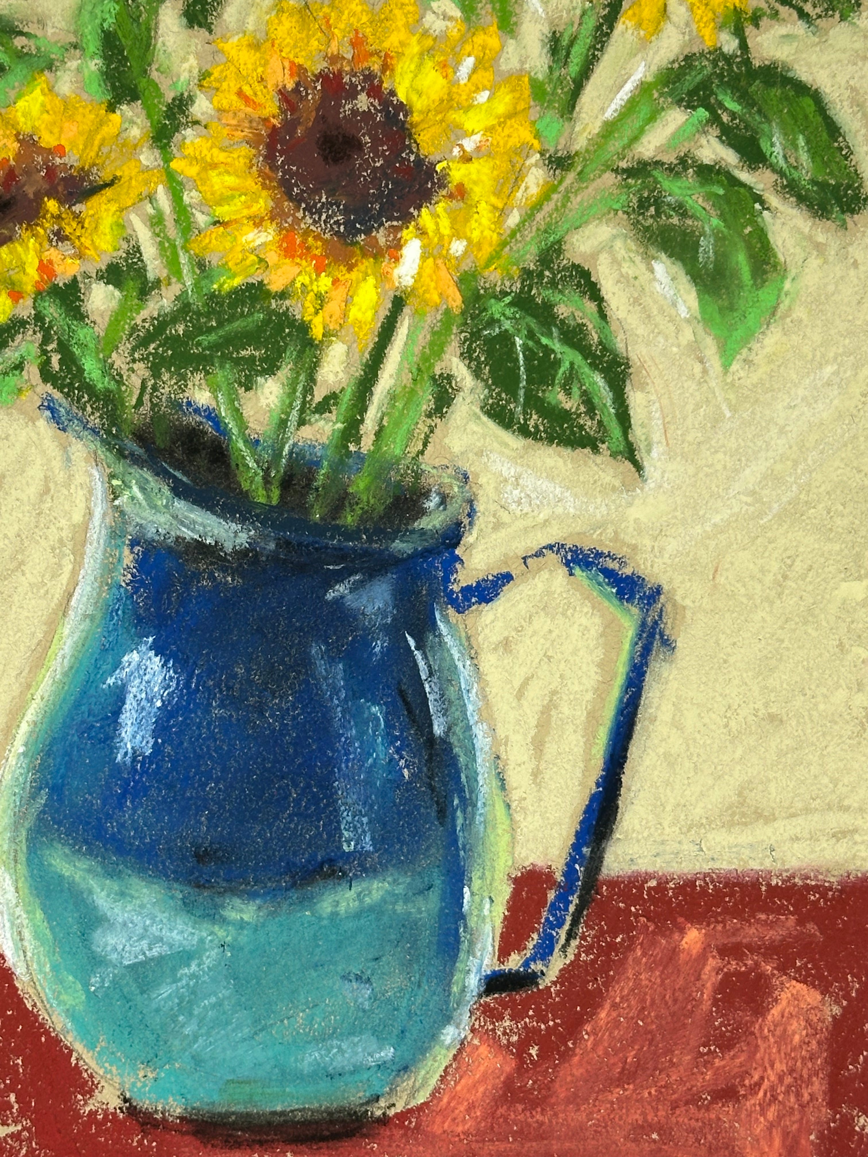 Sunflowers in Blue Pitcher - Original Soft Pastel Artwork 11x14" Matted