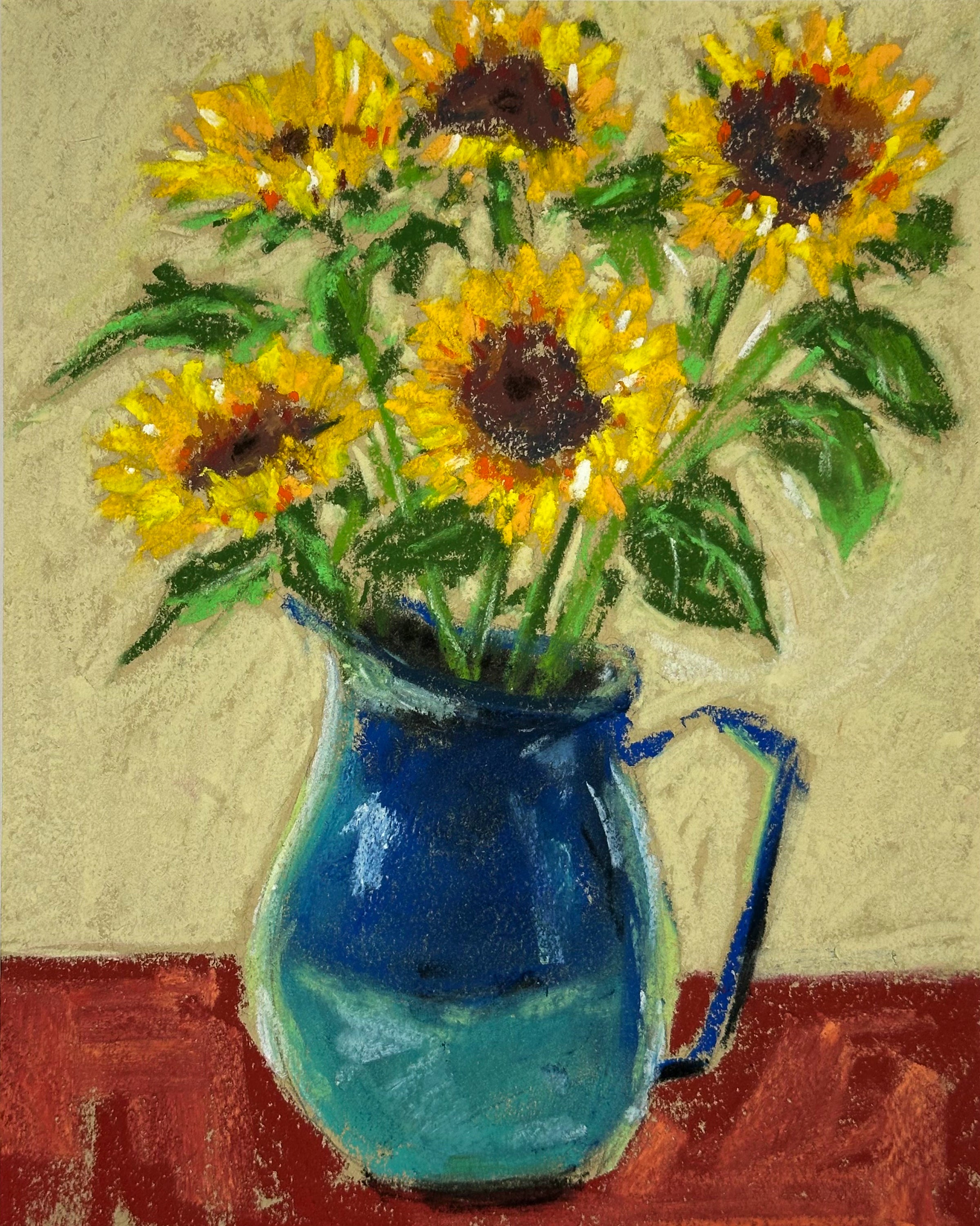 Sunflowers in Blue Pitcher - Original Soft Pastel Artwork 11x14" Matted