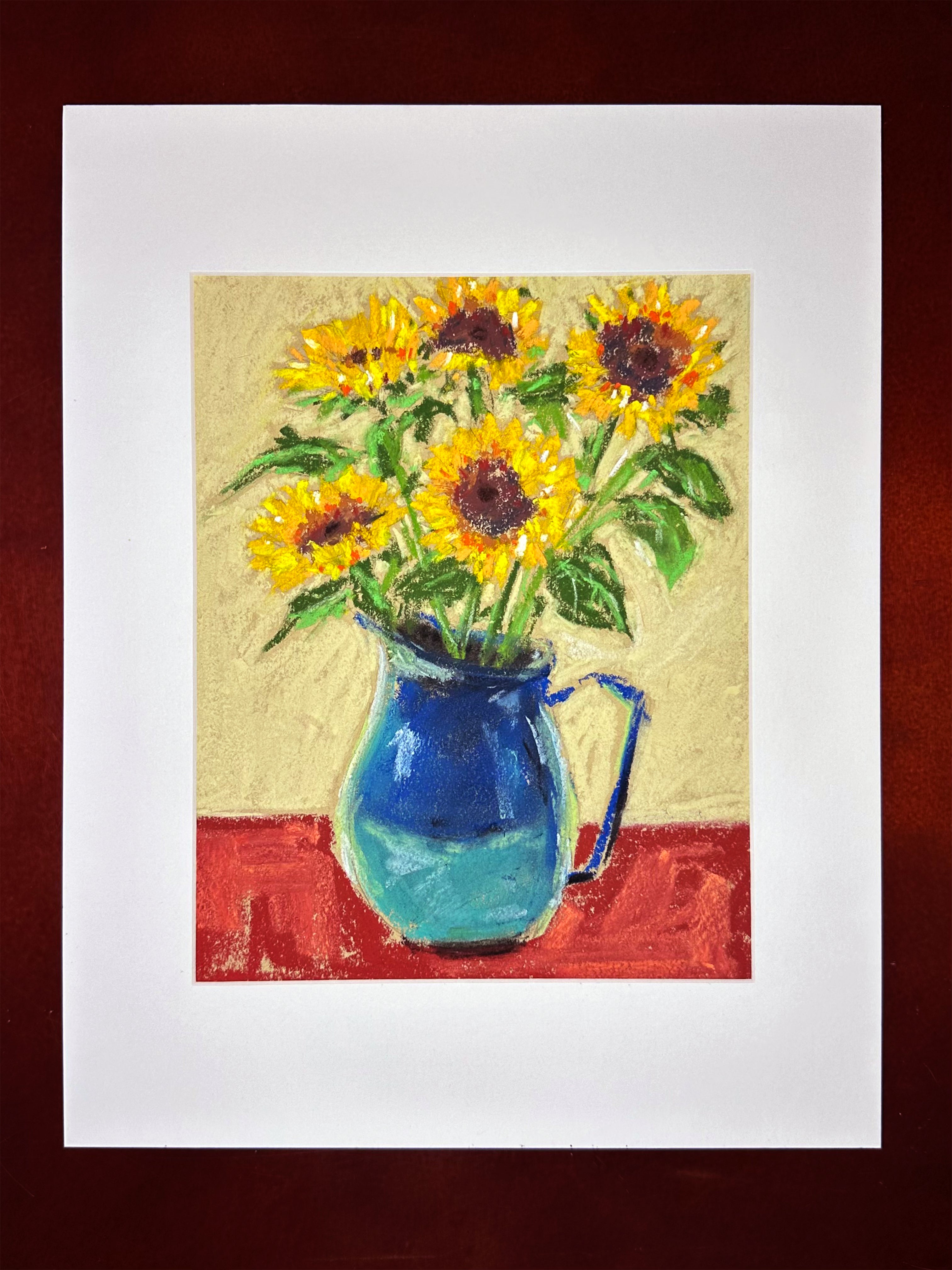 Sunflowers in Blue Pitcher - Original Soft Pastel Artwork 11x14" Matted